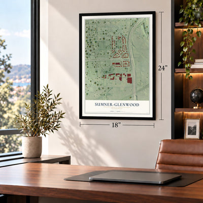 Sumner-Glenwood, Minnesota map, 18 x 24 inch print in a black frame in a home office