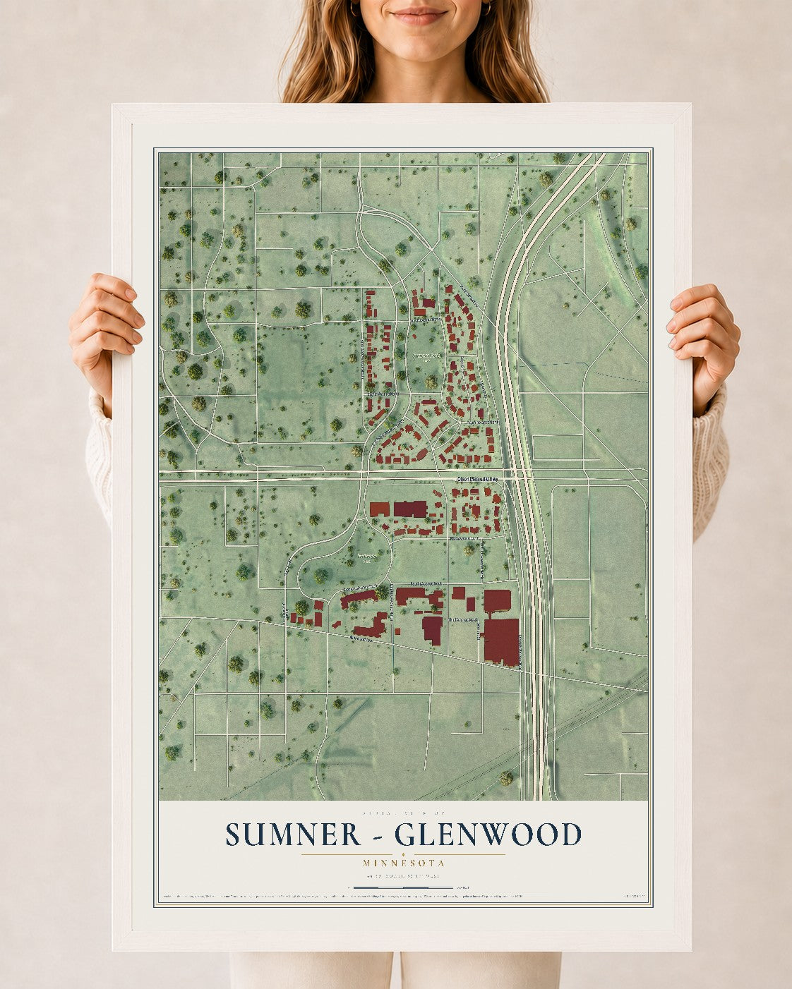 Map of Sumner - Glenwood, Minnesota, 24 x 36 inch print in a white wood frame