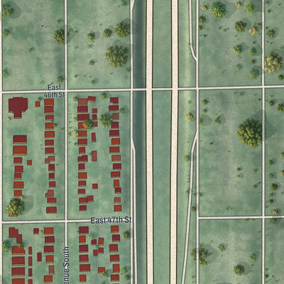 Close-up of the map of Tangletown, Minnesota print showing street and building detail