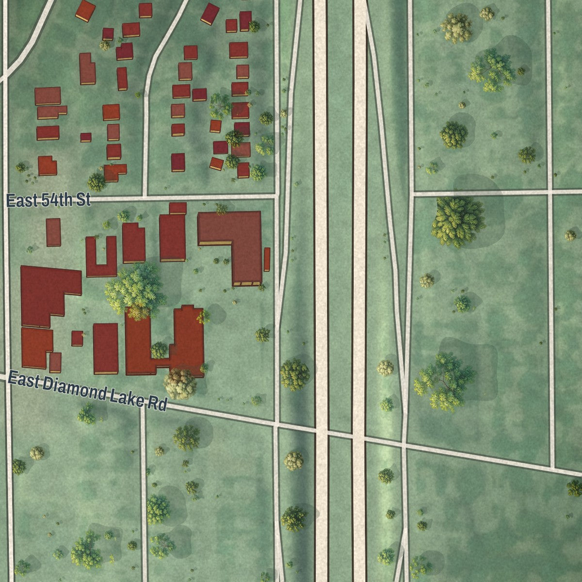 Second close-up of the map of Tangletown, Minnesota print showing more streets and buildings