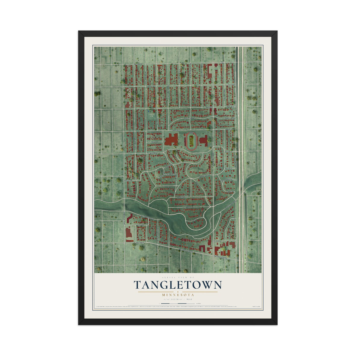 Map of Tangletown, Minnesota, 12 x 18 inch print in a black wood frame