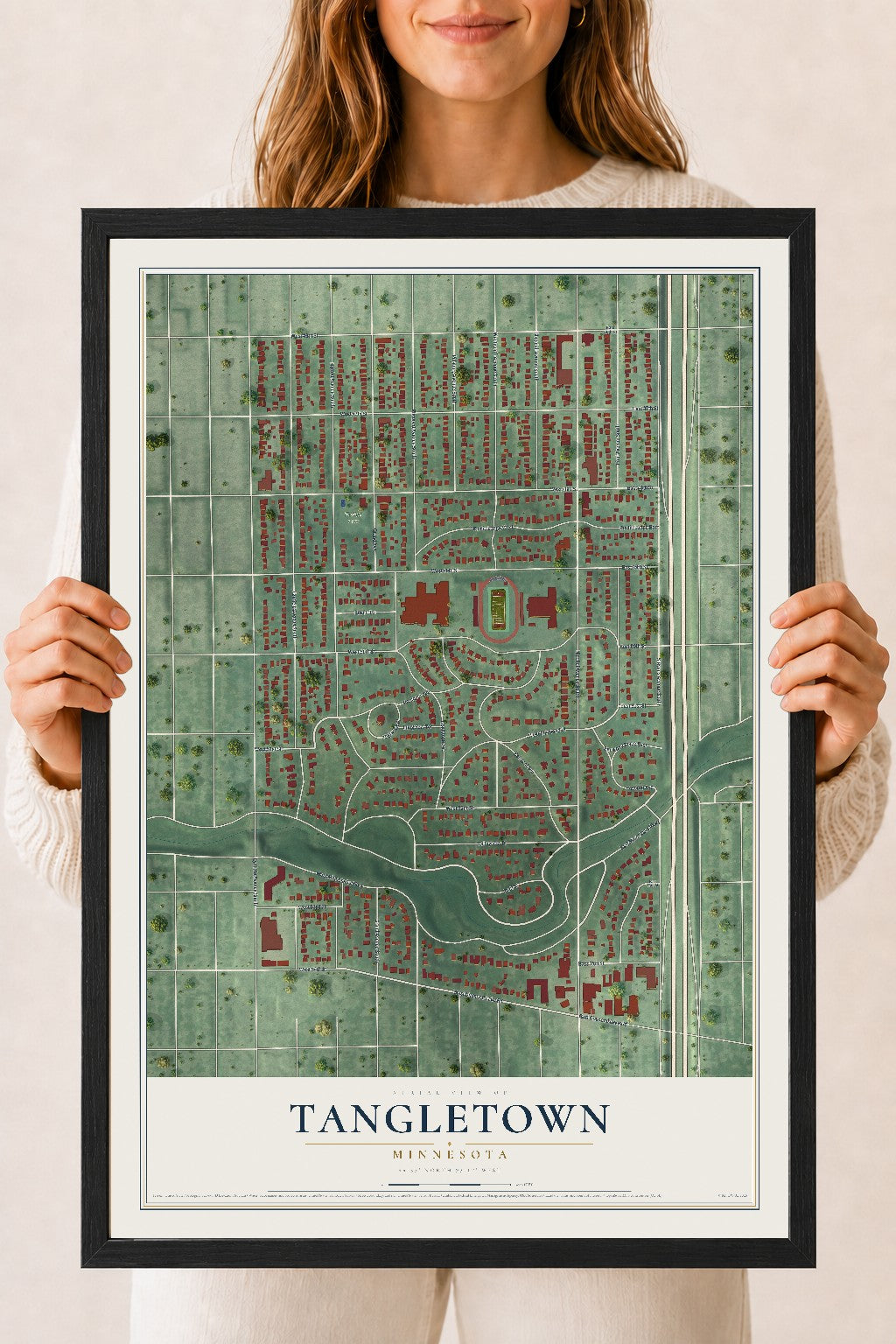 Map of Tangletown, Minnesota, 18 x 24 inch print in a black wood frame