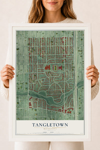 Map of Tangletown, Minnesota, 18 x 24 inch print in a white wood frame