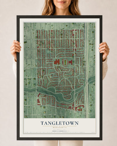 Map of Tangletown, Minnesota, 24 x 36 inch print in a black wood frame
