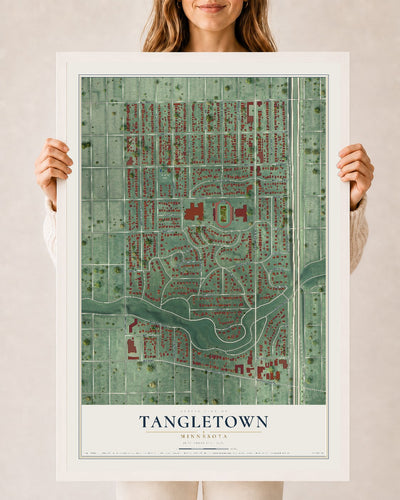 Map of Tangletown, Minnesota, 24 x 36 inch print in a white wood frame
