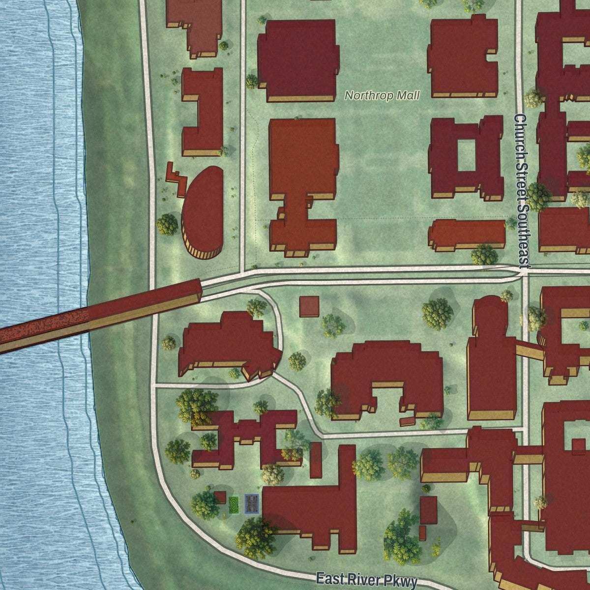 Second close-up of the map of University of Minnesota, Minnesota print showing more streets and buildings