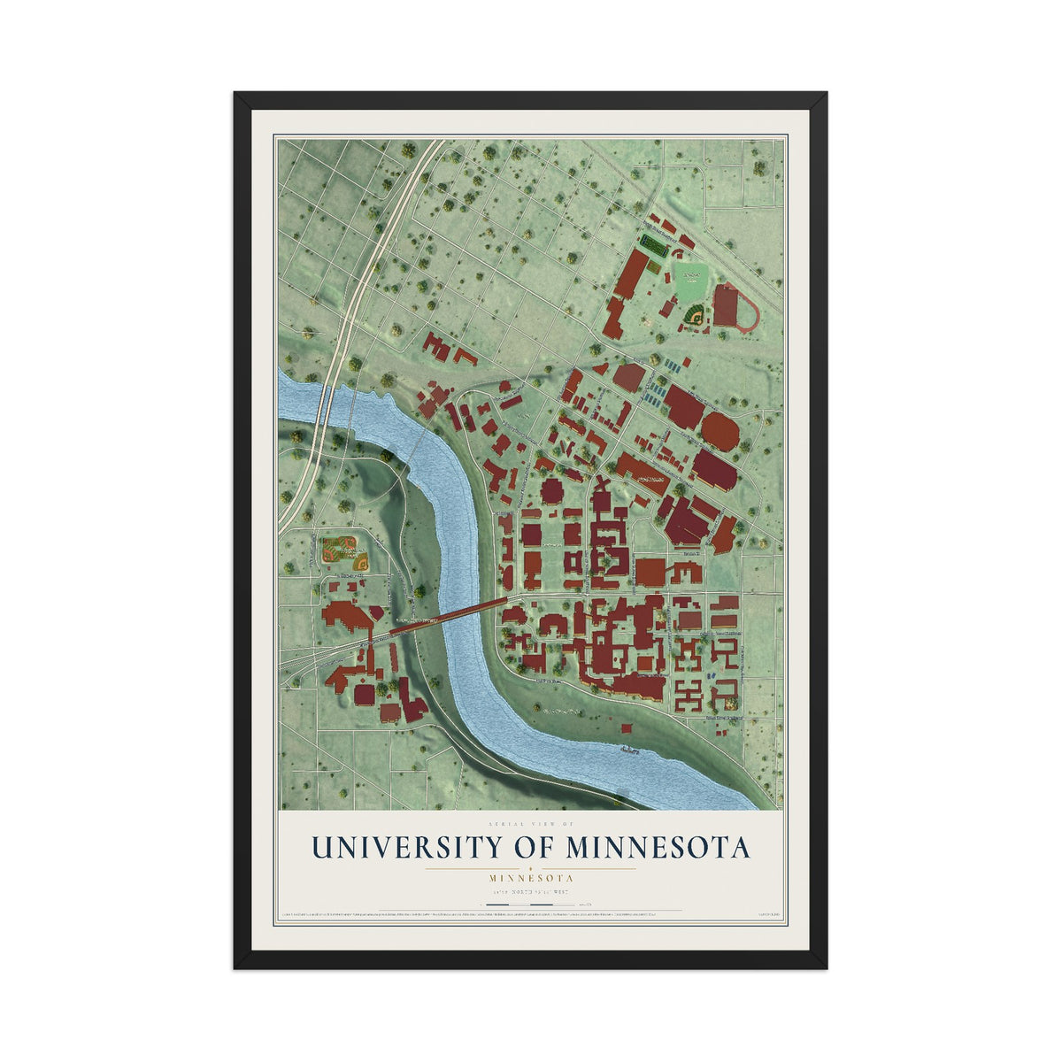 Map of University of Minnesota, Minnesota, 12 x 18 inch print in a black wood frame