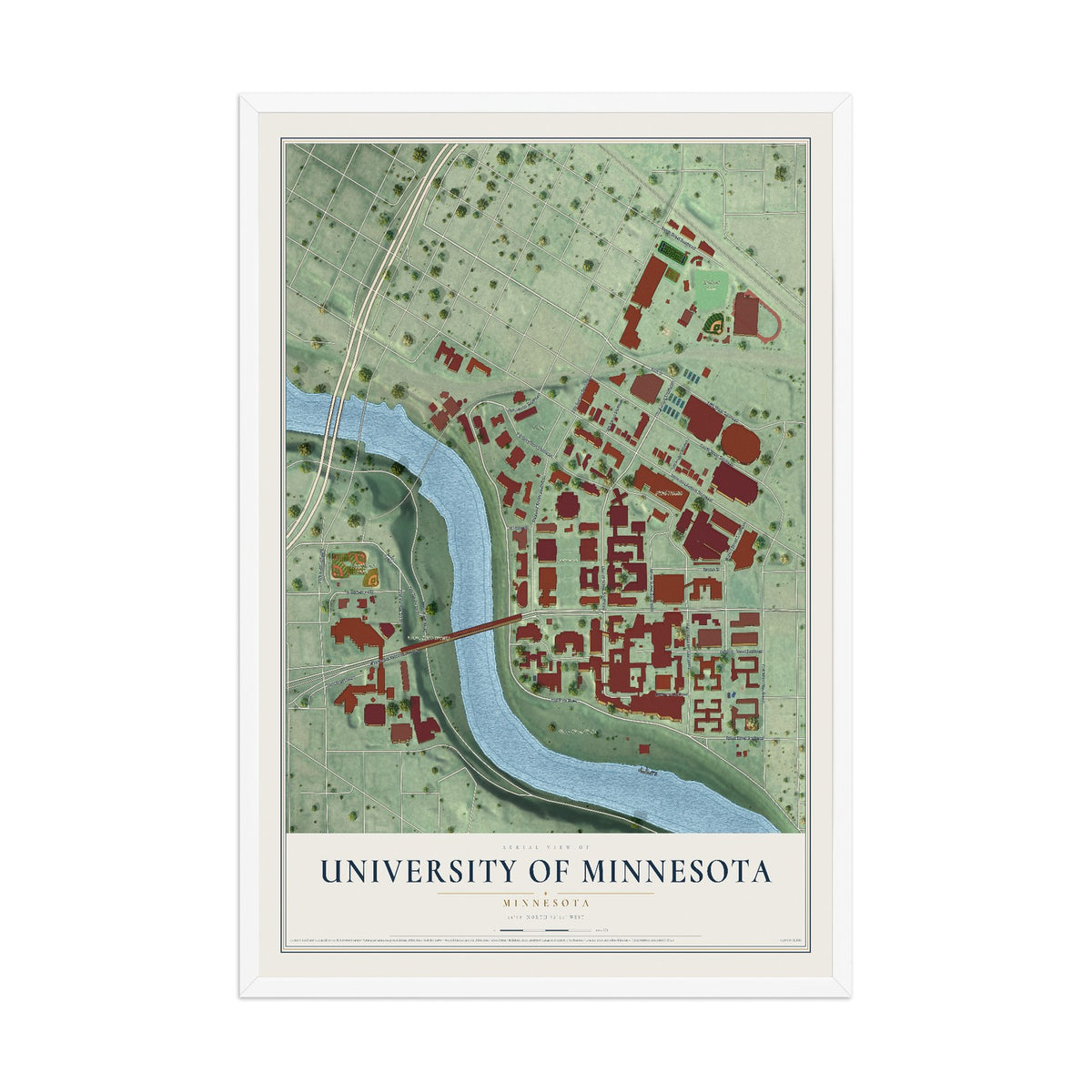 Map of University of Minnesota, Minnesota, 12 x 18 inch print in a white wood frame