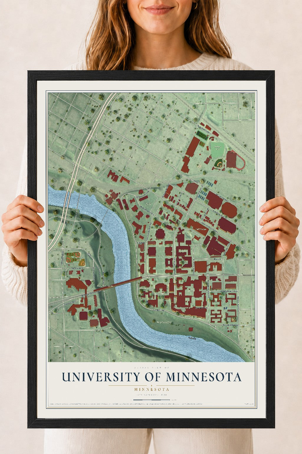 Map of University of Minnesota, Minnesota, 18 x 24 inch print in a black wood frame