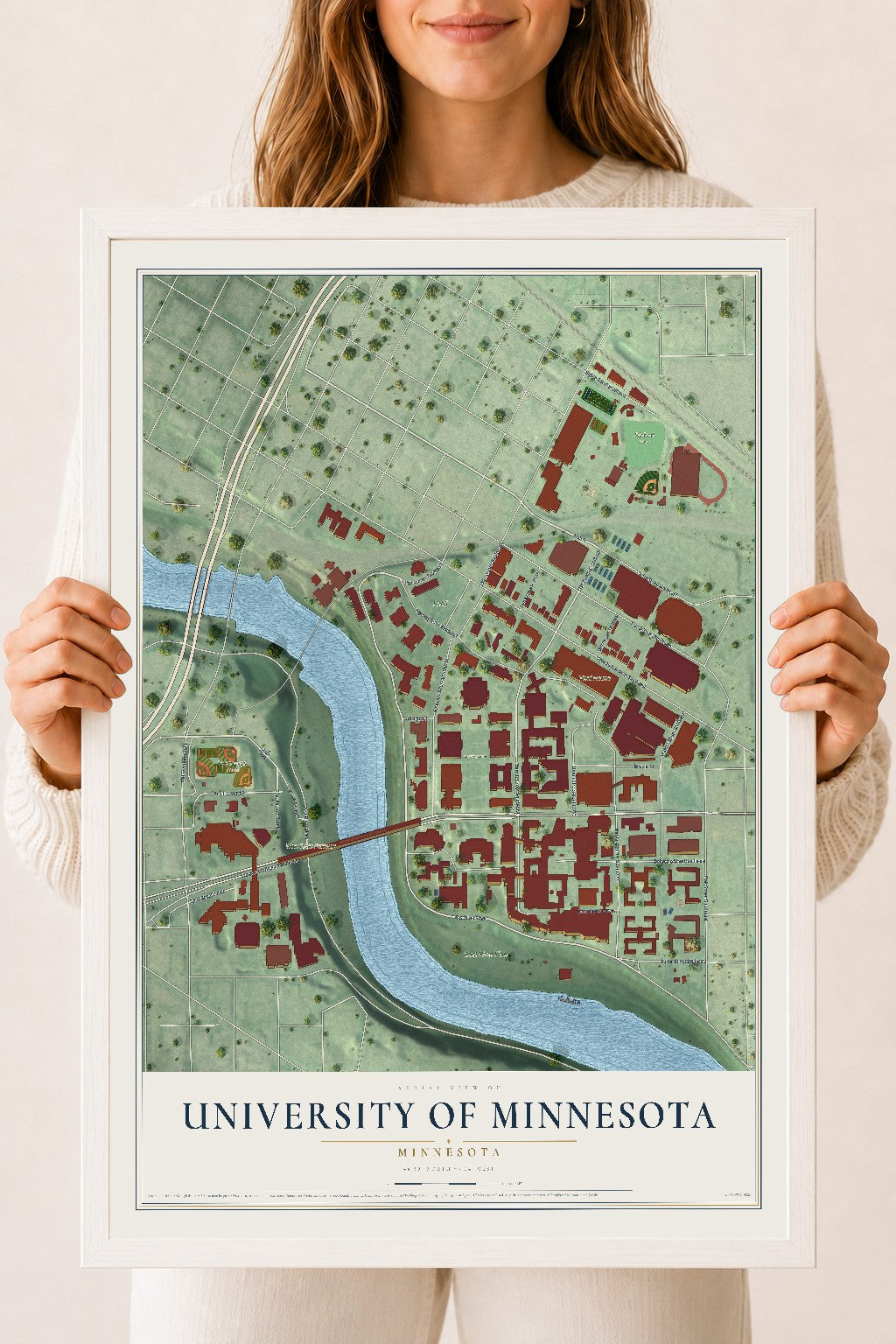 Map of University of Minnesota, Minnesota, 18 x 24 inch print in a white wood frame