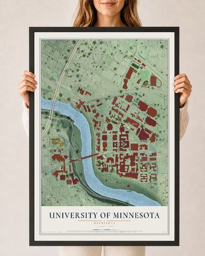 Map of University of Minnesota, Minnesota, 24 x 36 inch print in a black wood frame