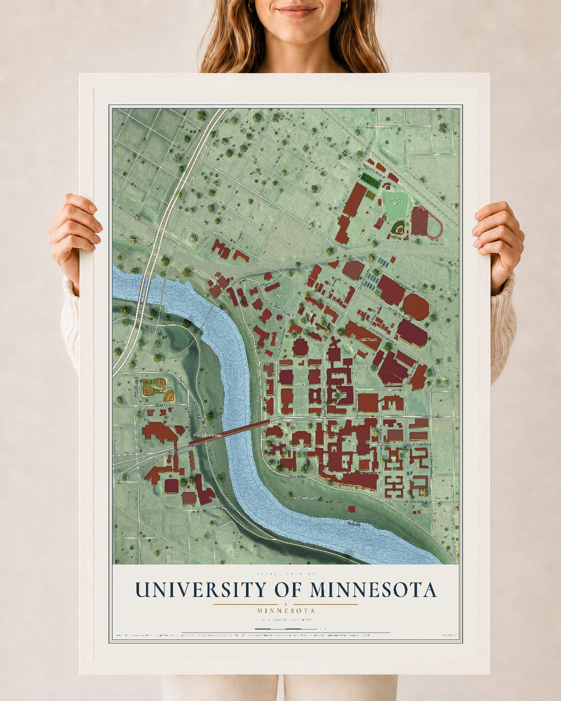 Map of University of Minnesota, Minnesota, 24 x 36 inch print in a white wood frame