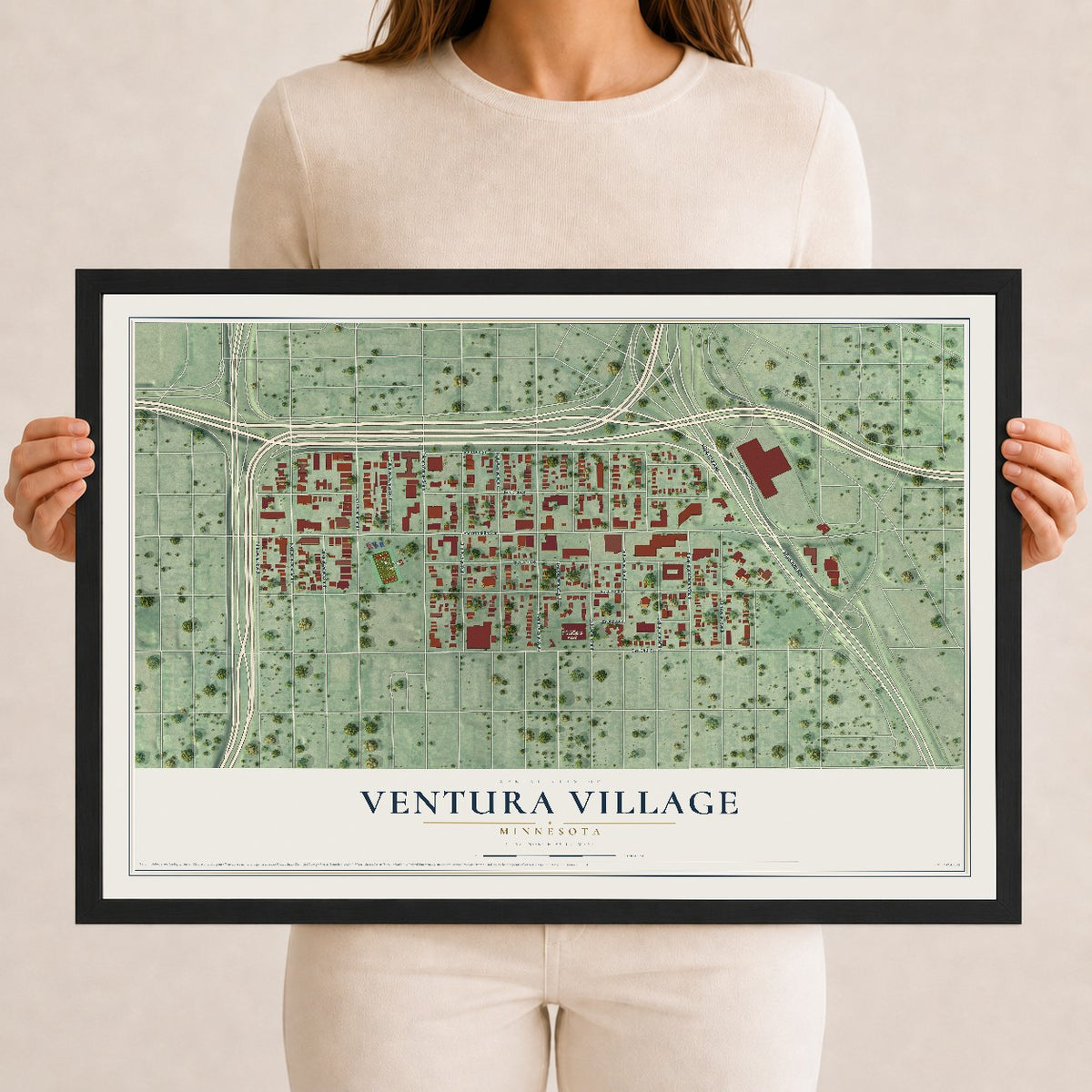 Map of Ventura Village, Minnesota, 12 x 18 inch print in a black wood frame