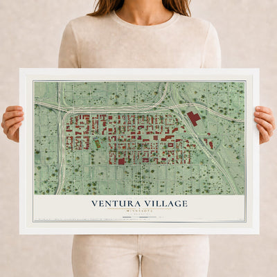 Map of Ventura Village, Minnesota, 12 x 18 inch print in a white wood frame