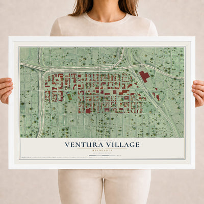Map of Ventura Village, Minnesota, 18 x 24 inch print in a white wood frame