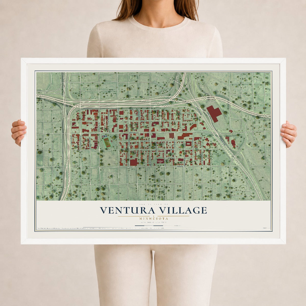 Map of Ventura Village, Minnesota, 24 x 36 inch print in a white wood frame