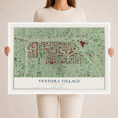 Map of Ventura Village, Minnesota, 24 x 36 inch print in a white wood frame