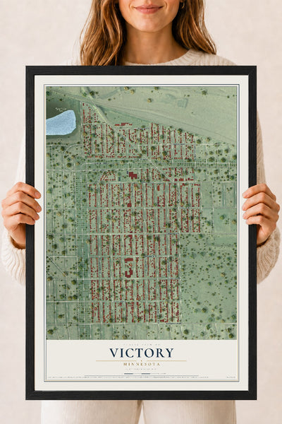 Map of Victory, Minnesota, 18 x 24 inch print in a black wood frame