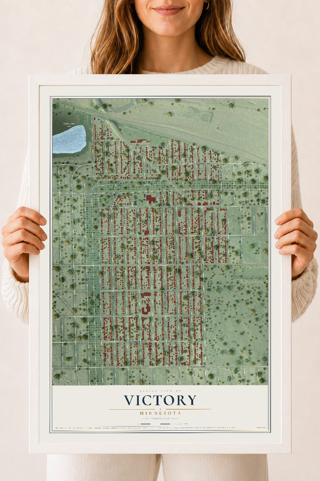 Map of Victory, Minnesota, 18 x 24 inch print in a white wood frame