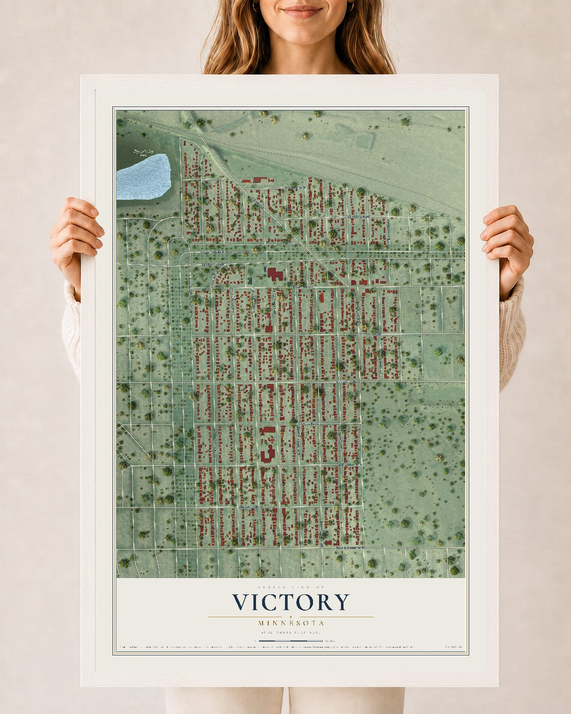 Map of Victory, Minnesota, 24 x 36 inch print in a white wood frame