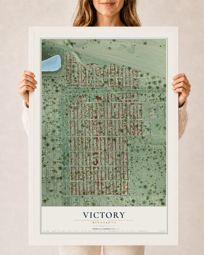 Map of Victory, Minnesota, 24 x 36 inch print in a white wood frame