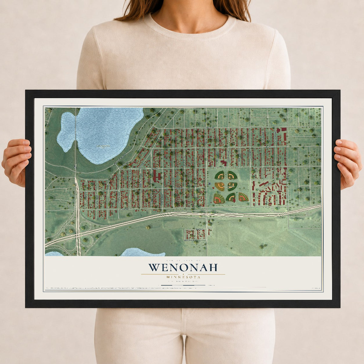 Map of Wenonah, Minnesota, 12 x 18 inch print in a black wood frame