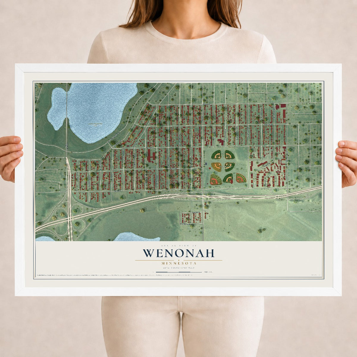 Map of Wenonah, Minnesota, 18 x 24 inch print in a white wood frame