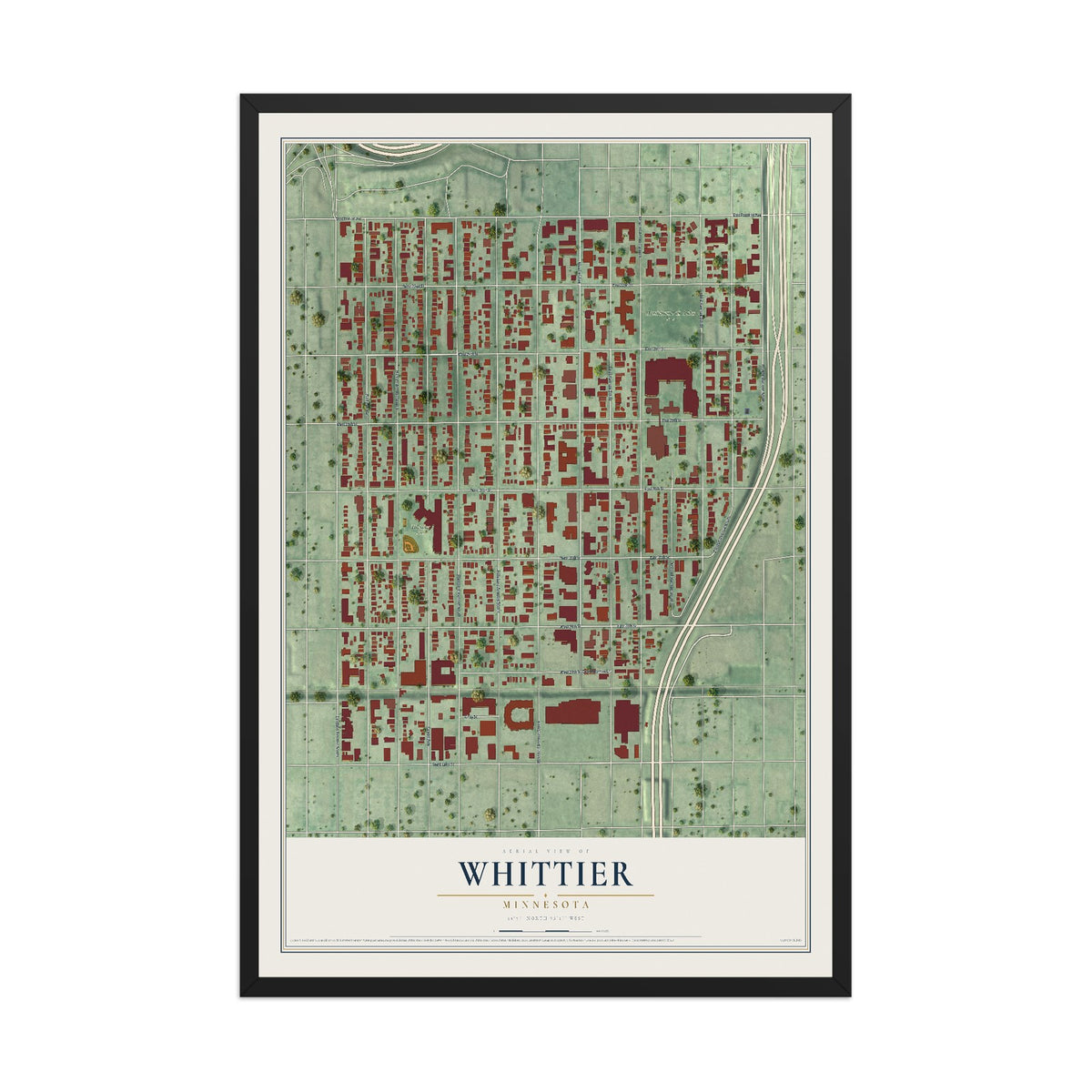 Map of Whittier, Minnesota, 12 x 18 inch print in a black wood frame