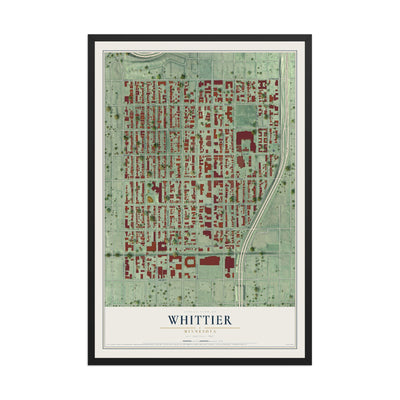 Map of Whittier, Minnesota, 12 x 18 inch print in a black wood frame