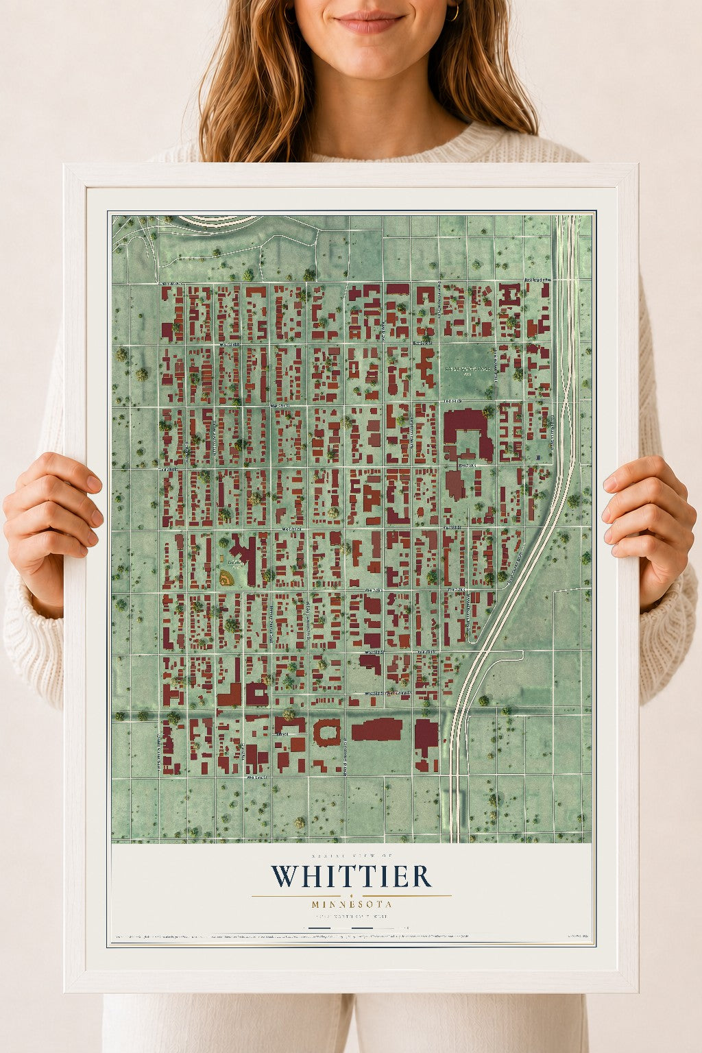 Map of Whittier, Minnesota, 18 x 24 inch print in a white wood frame