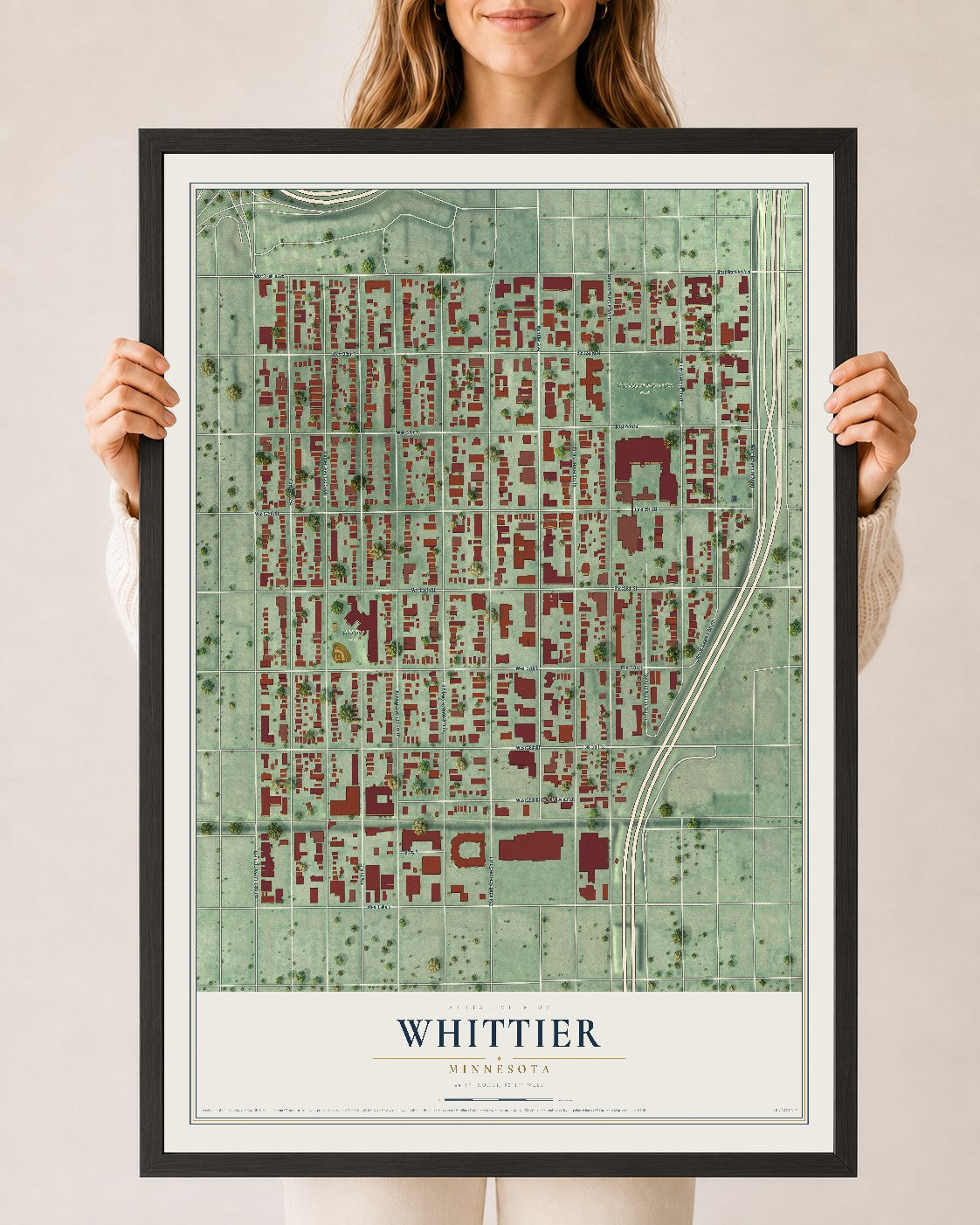 Map of Whittier, Minnesota, 24 x 36 inch print in a black wood frame