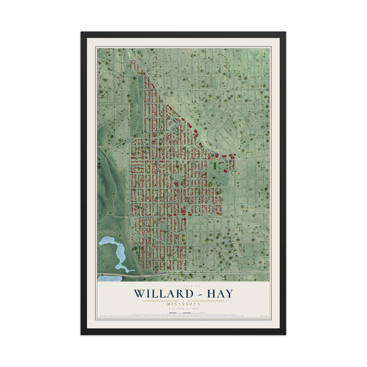 Map of Willard - Hay, Minnesota, 12 x 18 inch print in a black wood frame