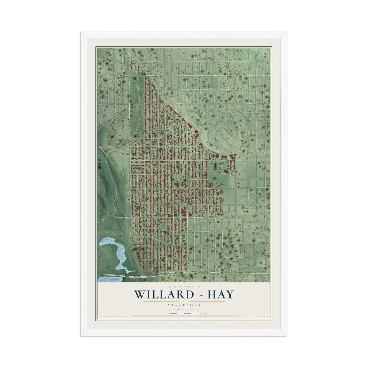 Map of Willard - Hay, Minnesota, 12 x 18 inch print in a white wood frame