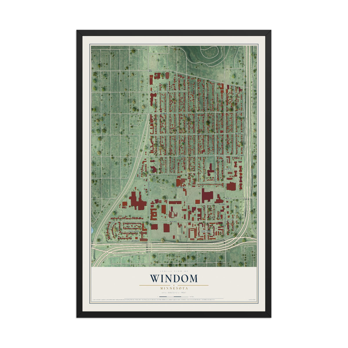 Map of Windom, Minneapolis, Minnesota, 12 x 18 inch print in a black wood frame