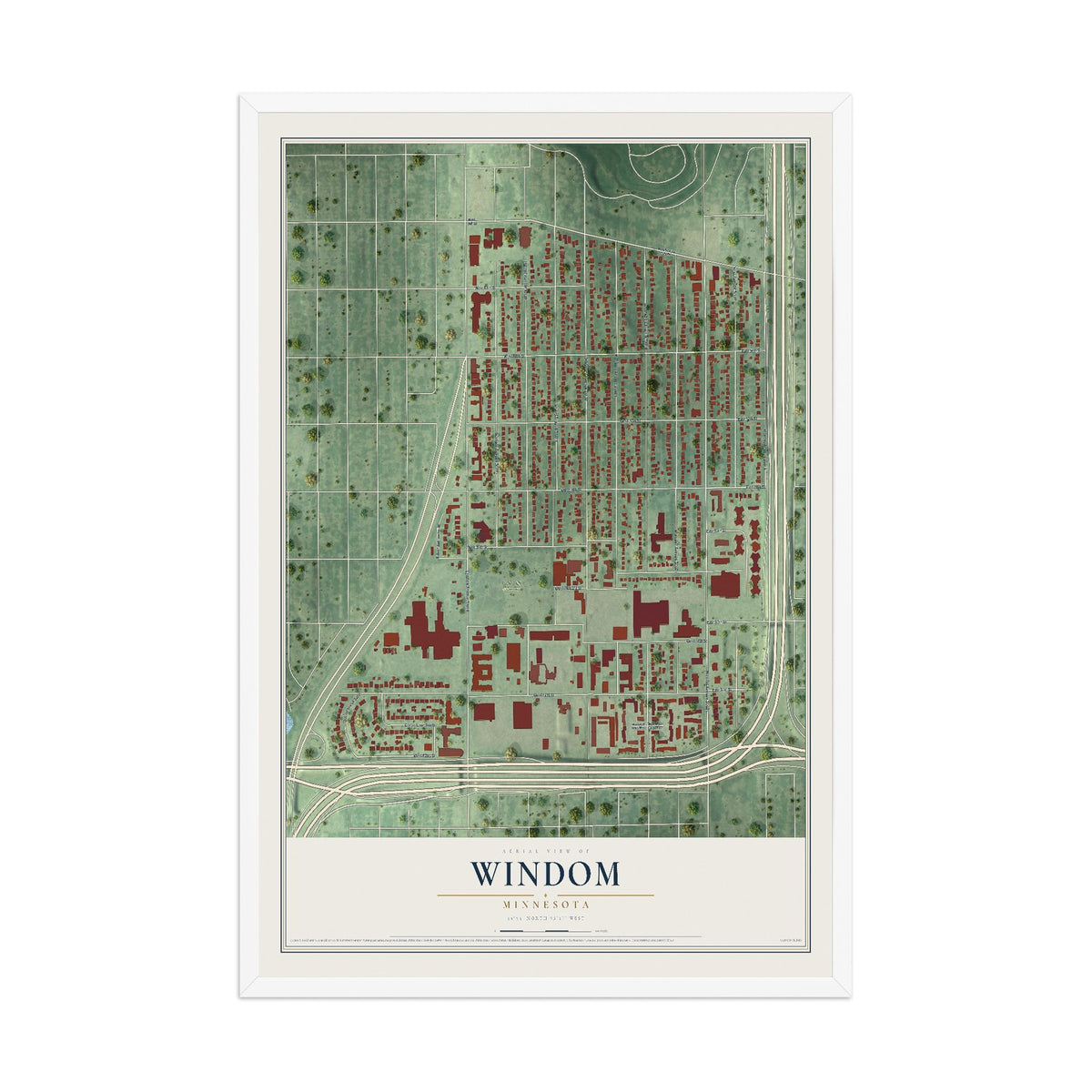 Map of Windom, Minneapolis, Minnesota, 12 x 18 inch print in a white wood frame
