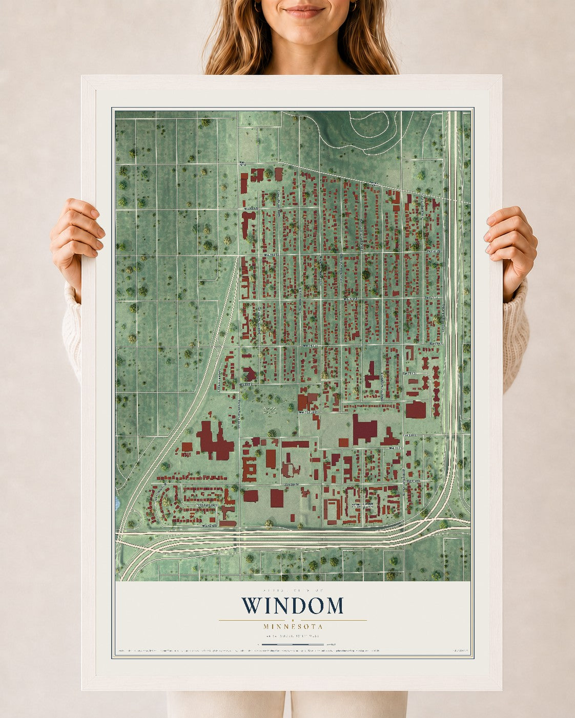 Map of Windom, Minneapolis, Minnesota, 24 x 36 inch print in a white wood frame