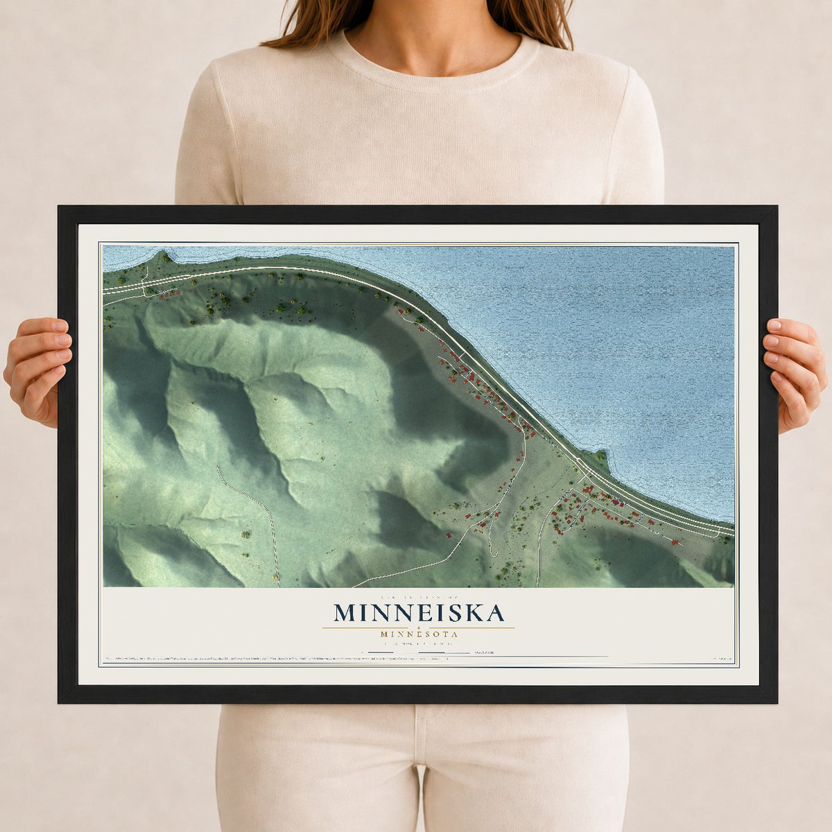 Map of Minneiska, Minnesota, 12 x 18 inch print in a black wood frame