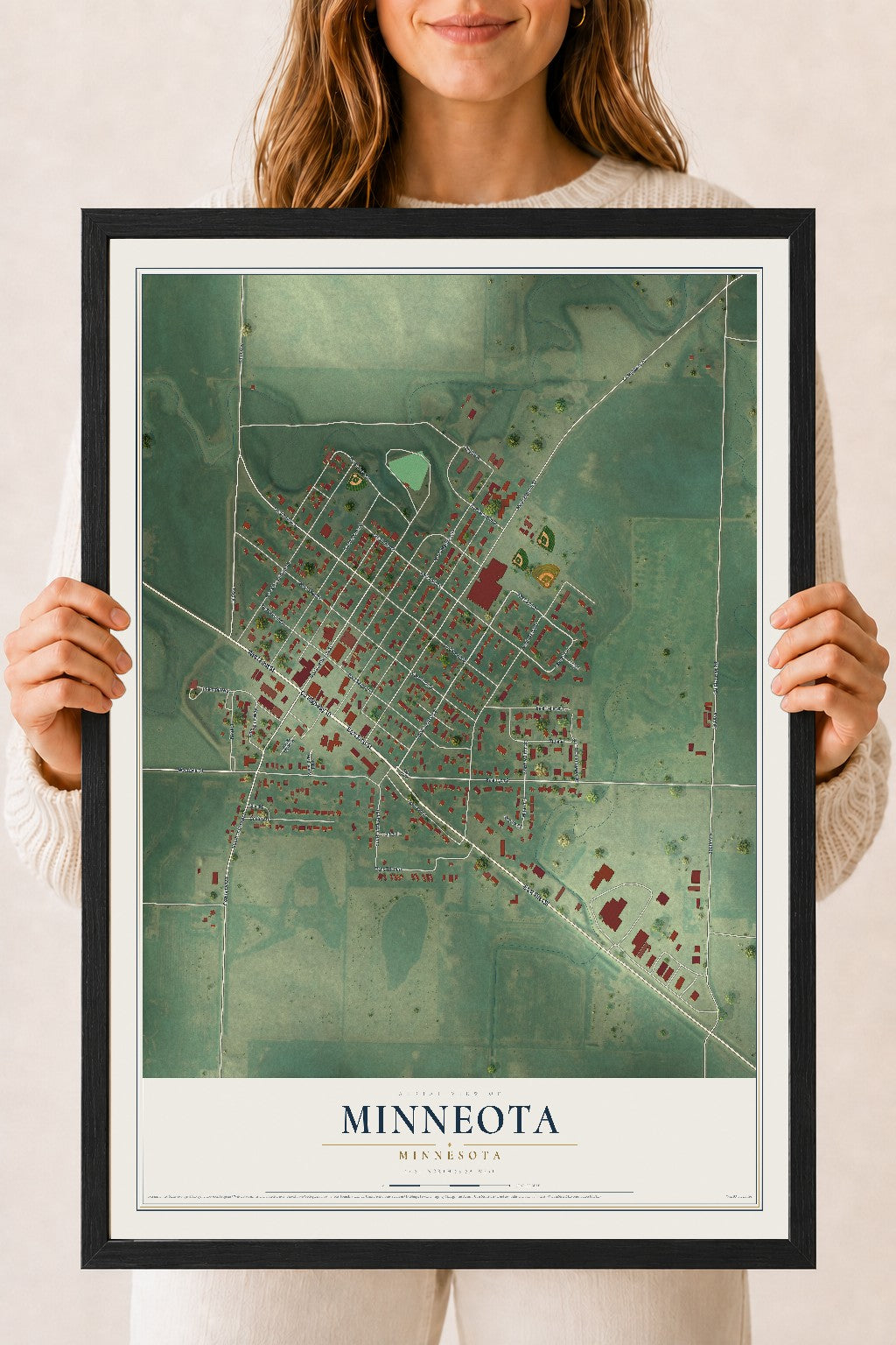 Map of Minneota, Minnesota, 18 x 24 inch print in a black wood frame