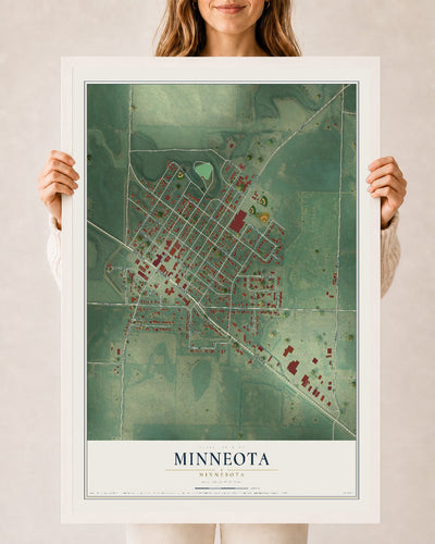 Map of Minneota, Minnesota, 24 x 36 inch print in a white wood frame