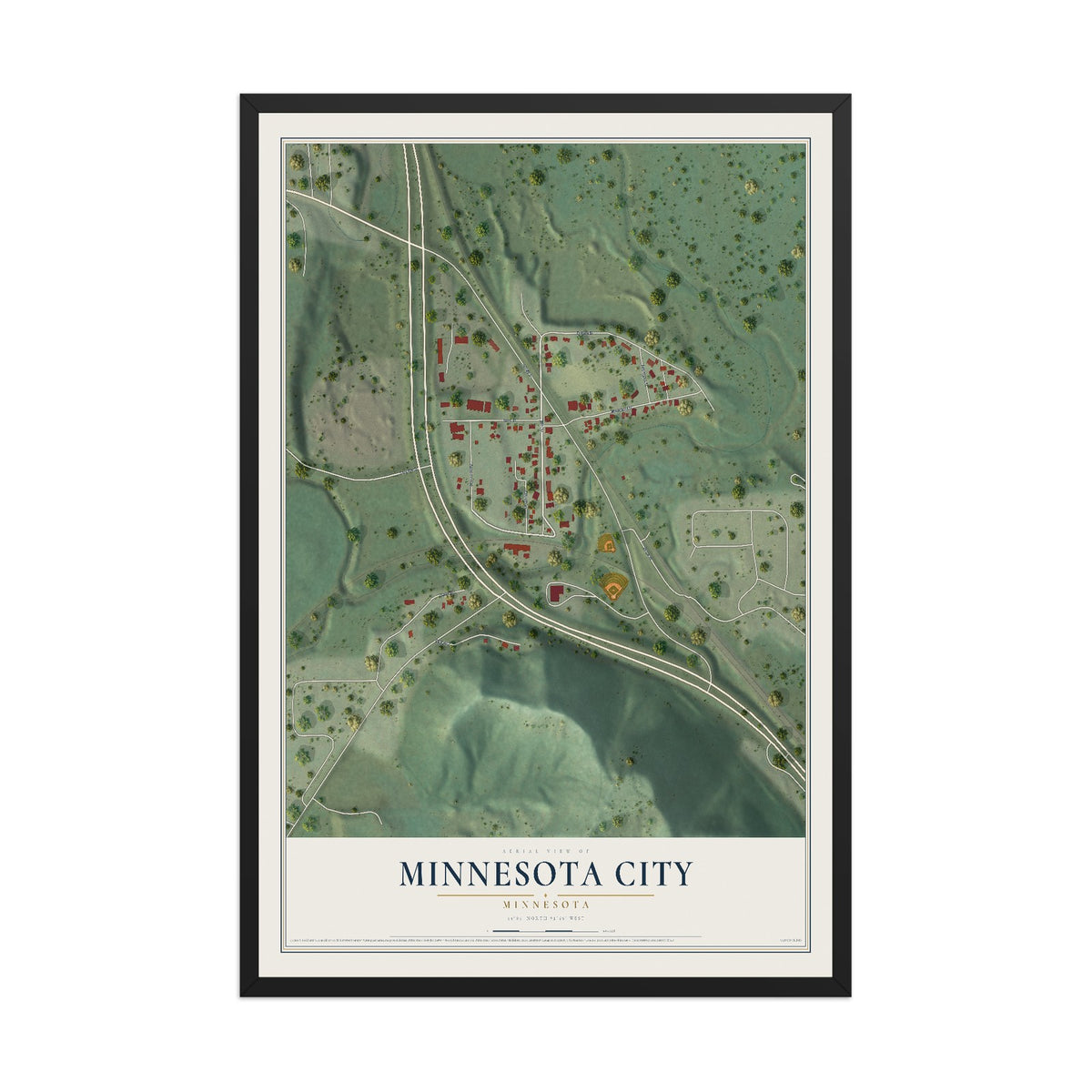 Map of Minnesota City, Minnesota, 12 x 18 inch print in a black wood frame