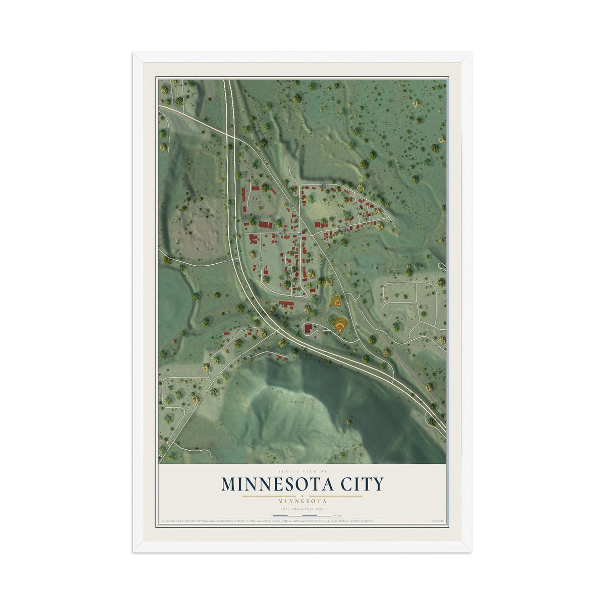 Map of Minnesota City, Minnesota, 12 x 18 inch print in a white wood frame