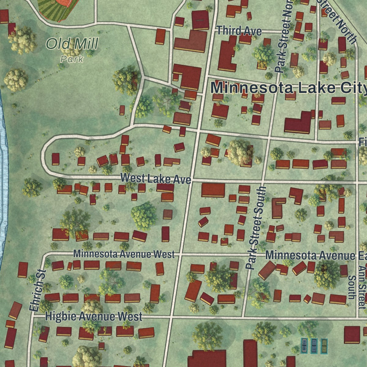 Close-up of the map of Minnesota Lake, Minnesota print showing street and building detail