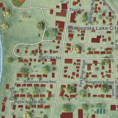 Close-up of the map of Minnesota Lake, Minnesota print showing street and building detail