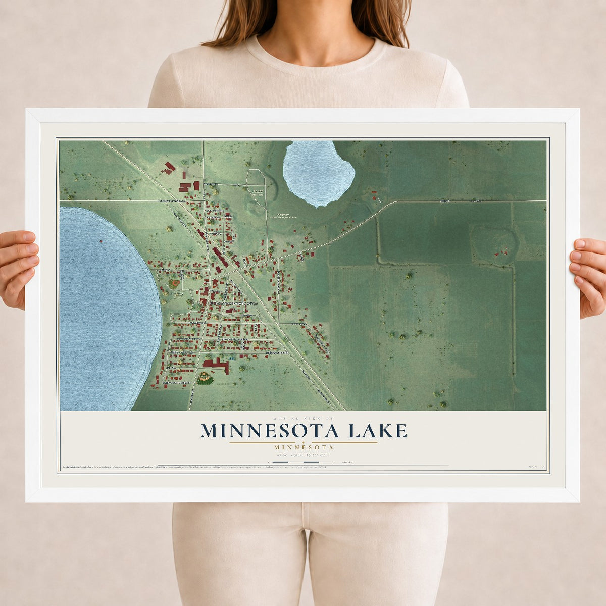 Map of Minnesota Lake, Minnesota, 18 x 24 inch print in a white wood frame