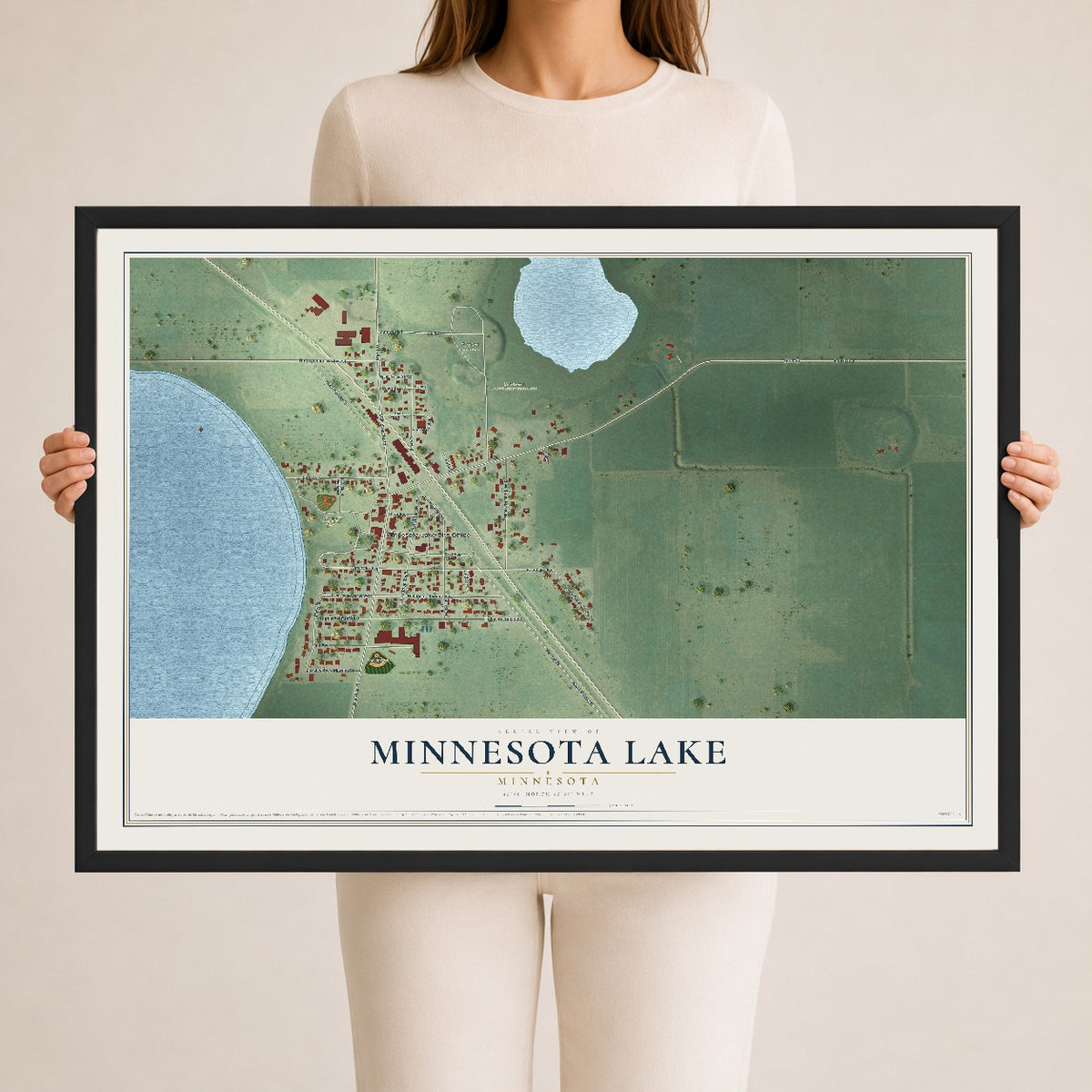 Map of Minnesota Lake, Minnesota, 24 x 36 inch print in a black wood frame
