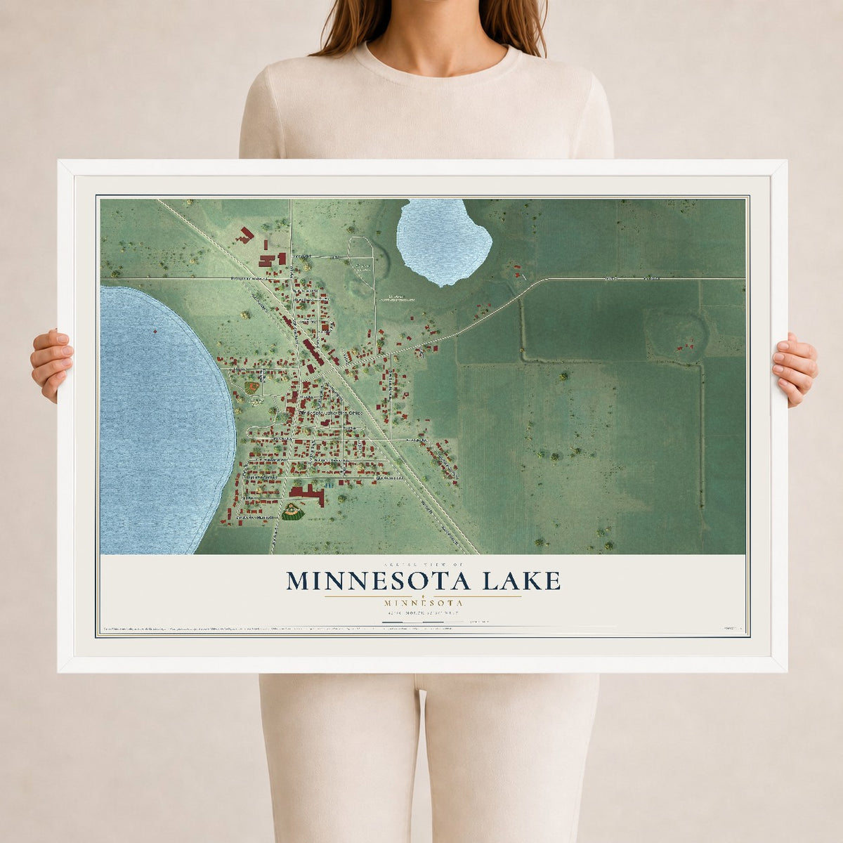 Map of Minnesota Lake, Minnesota, 24 x 36 inch print in a white wood frame