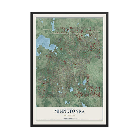 Map of Minnetonka, Minnesota, 12 x 18 inch print in a black wood frame