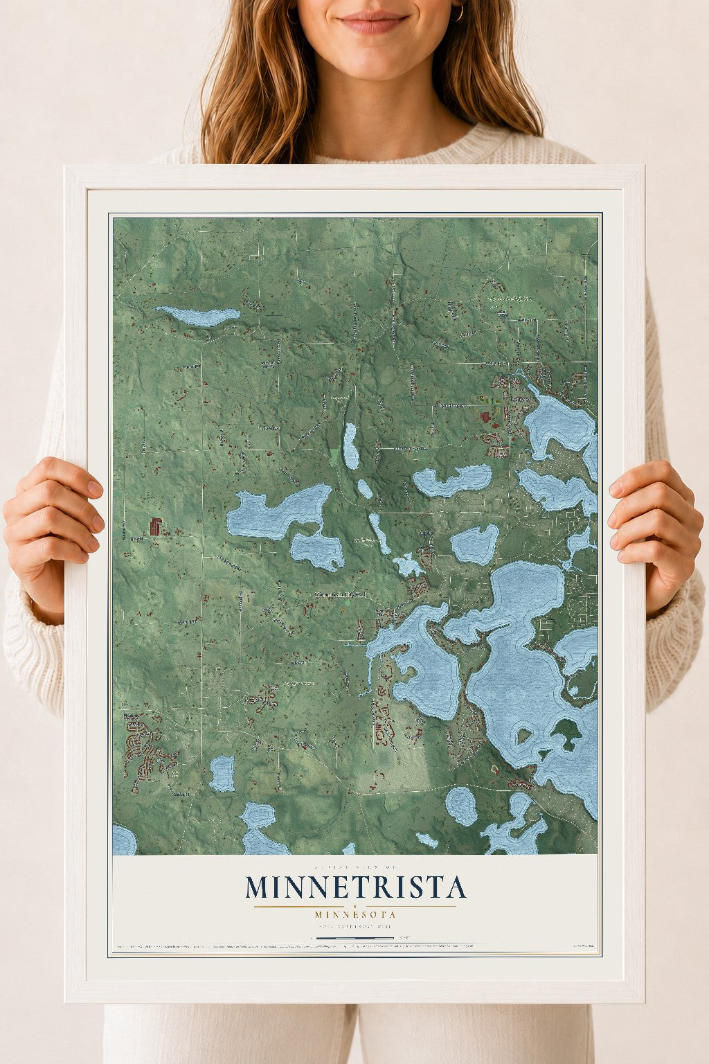 Map of Minnetrista, Minnesota, 18 x 24 inch print in a white wood frame