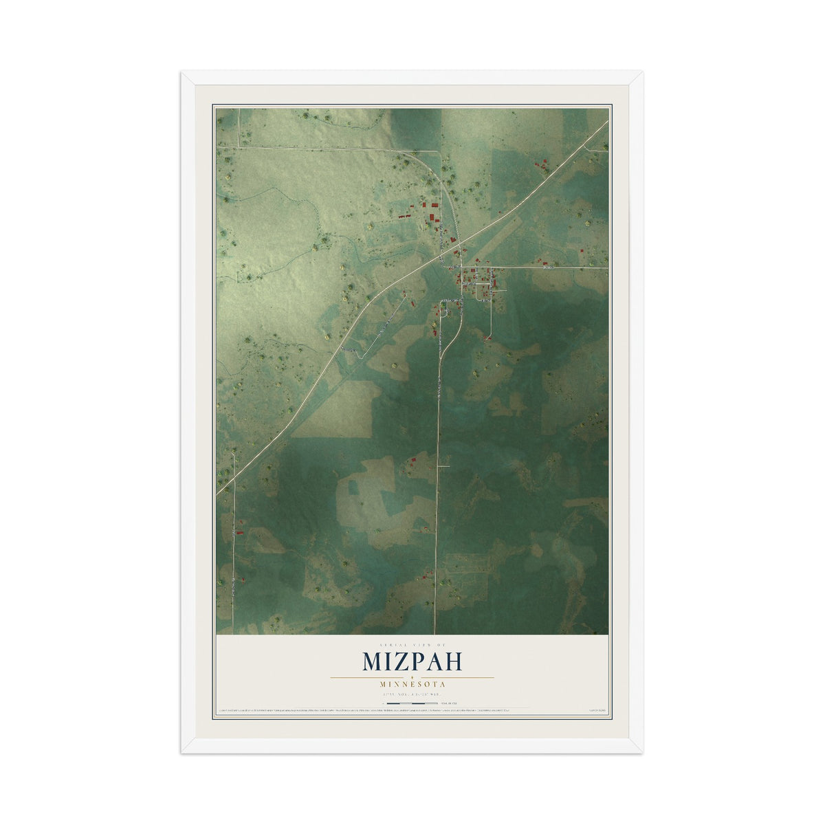 Map of Mizpah, Minnesota, 12 x 18 inch print in a white wood frame