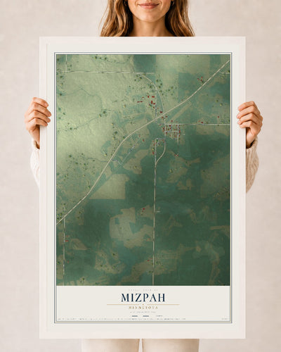 Map of Mizpah, Minnesota, 24 x 36 inch print in a white wood frame